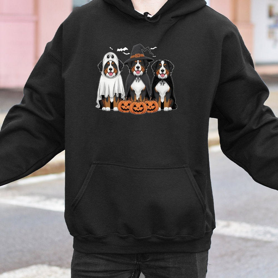 Bernese Mountain Dog Halloween Hoodie | Cute Spooky Ghost Pumpkin Graphic | Premium Cotton Blend Unisex Pullover | Gift for Dog Mom and Dog Lover