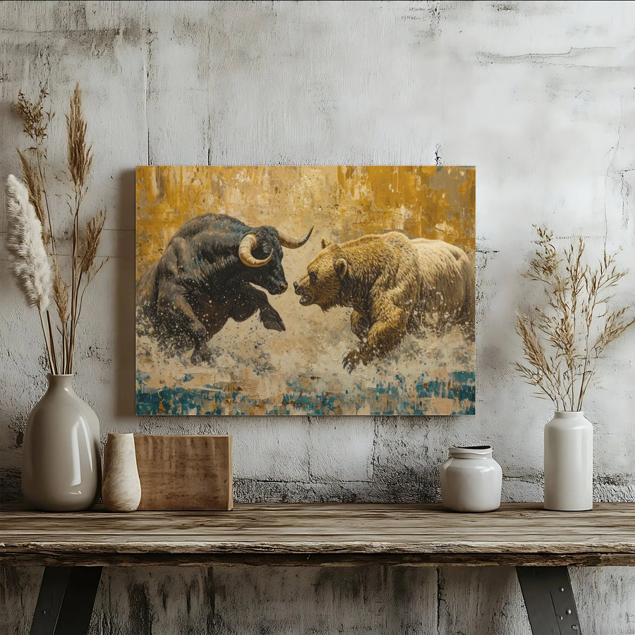 Bull and Bear Canvas Wall Art | Textured Stock Market Painting Print | Premium Gallery Wrapped Canvas | Office Decor Gift for Stock Trader