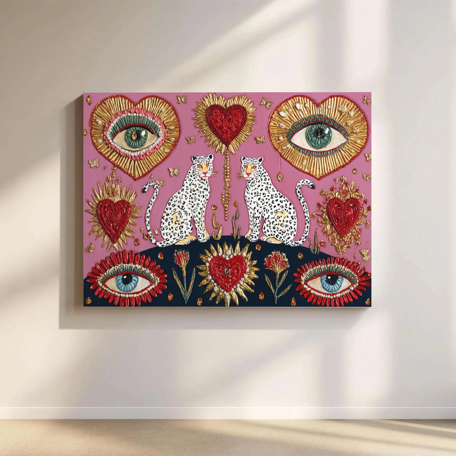 Twin Leopard Canvas Art | Sacred Heart and Evil Eye Wall Decor | Gallery-Wrapped Premium Print | Boho Spiritual Home Office Gift