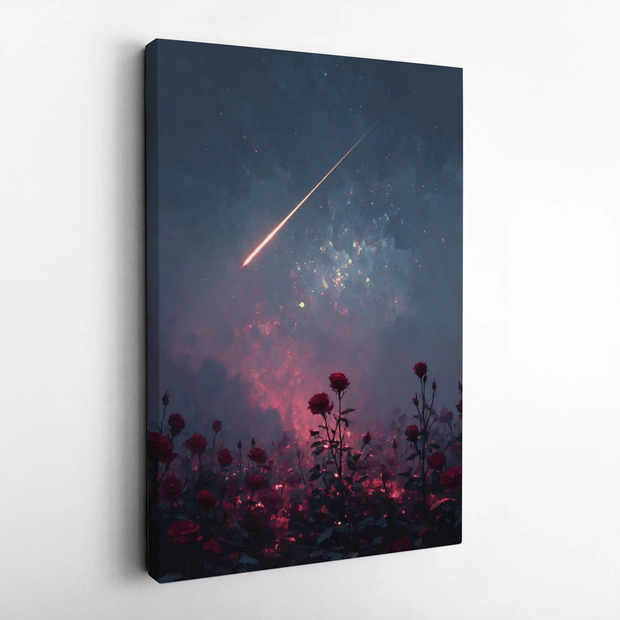 Red Rose Field Canvas Art | Shooting Star Night Sky Landscape | Premium Gallery Wrapped Print | Romantic Home Wall Decor