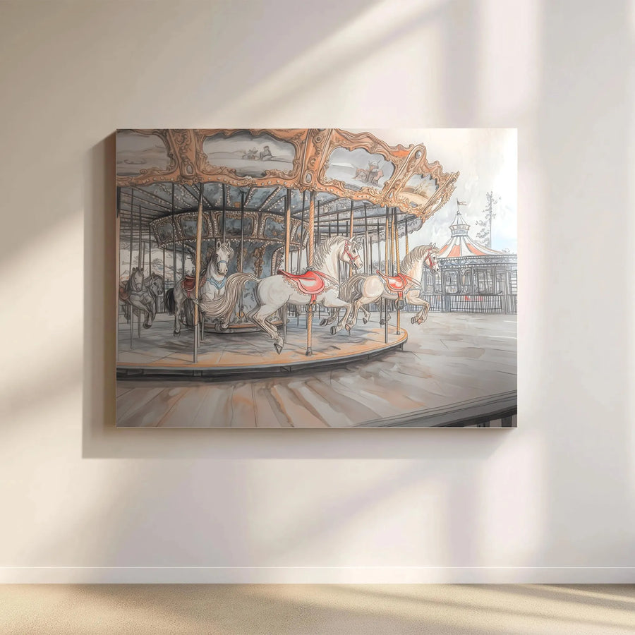 Vintage Carousel Canvas Print | White Horse Fairground Sketch | Gallery Quality Wall Art | Nostalgic Nursery and Home Decor Gift