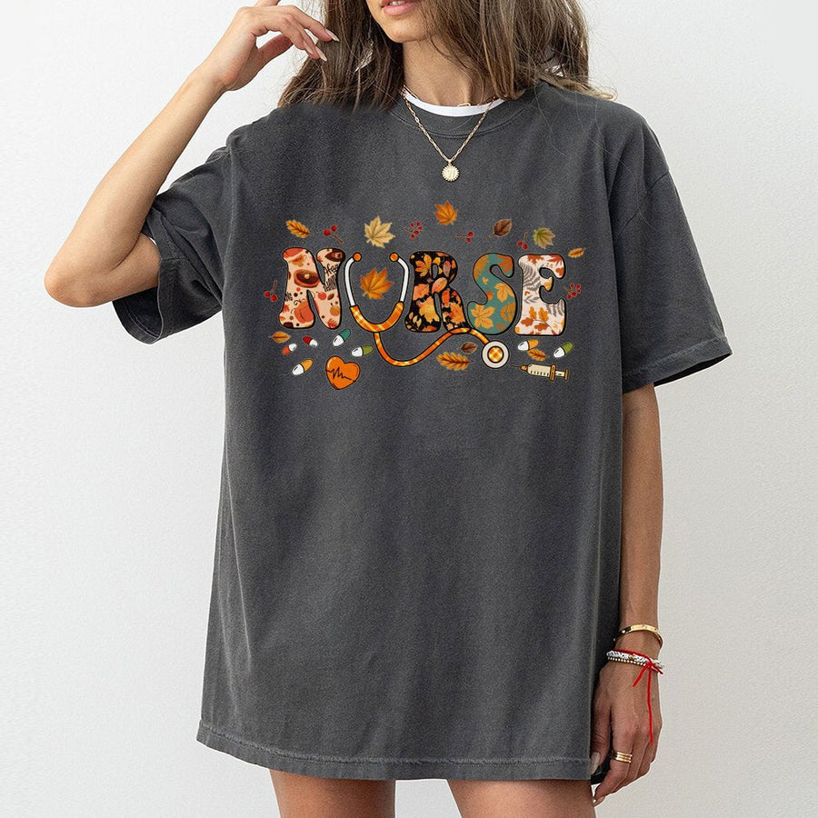 Nurse T-Shirt | Autumn Fall Leaves Stethoscope Graphic | 100% Soft Cotton Tee | Premium Nursing School Gift For Men And Women