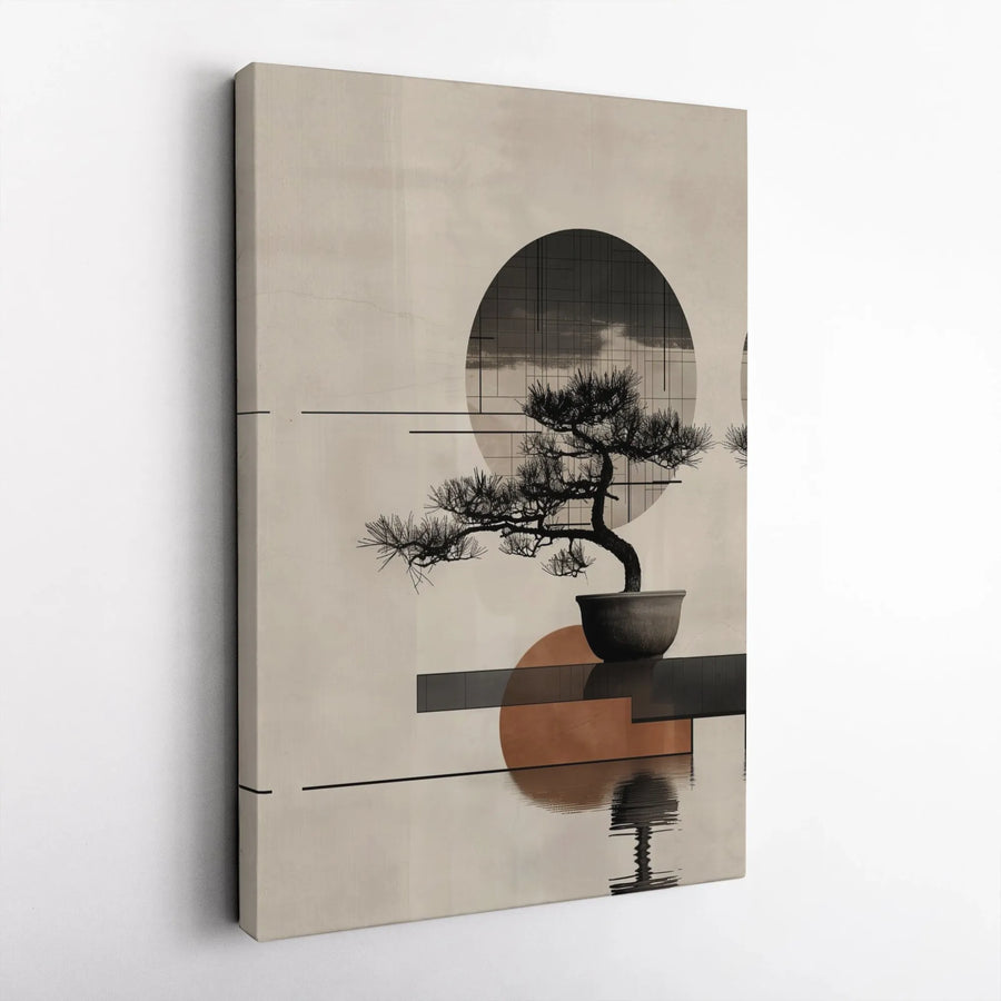 Japandi Bonsai Tree Canvas Wall Art | Geometric Sun Minimalist Print | 1.25 Inch Gallery Wrap | Zen Home Decor for Living Room