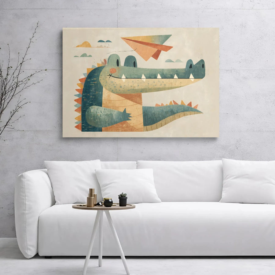 Alligator Canvas Wall Art | Whimsical Nursery Illustration with Paper Airplane | Premium Gallery Wrap 1.25 inch Frame | Cute Gift for Kids Room