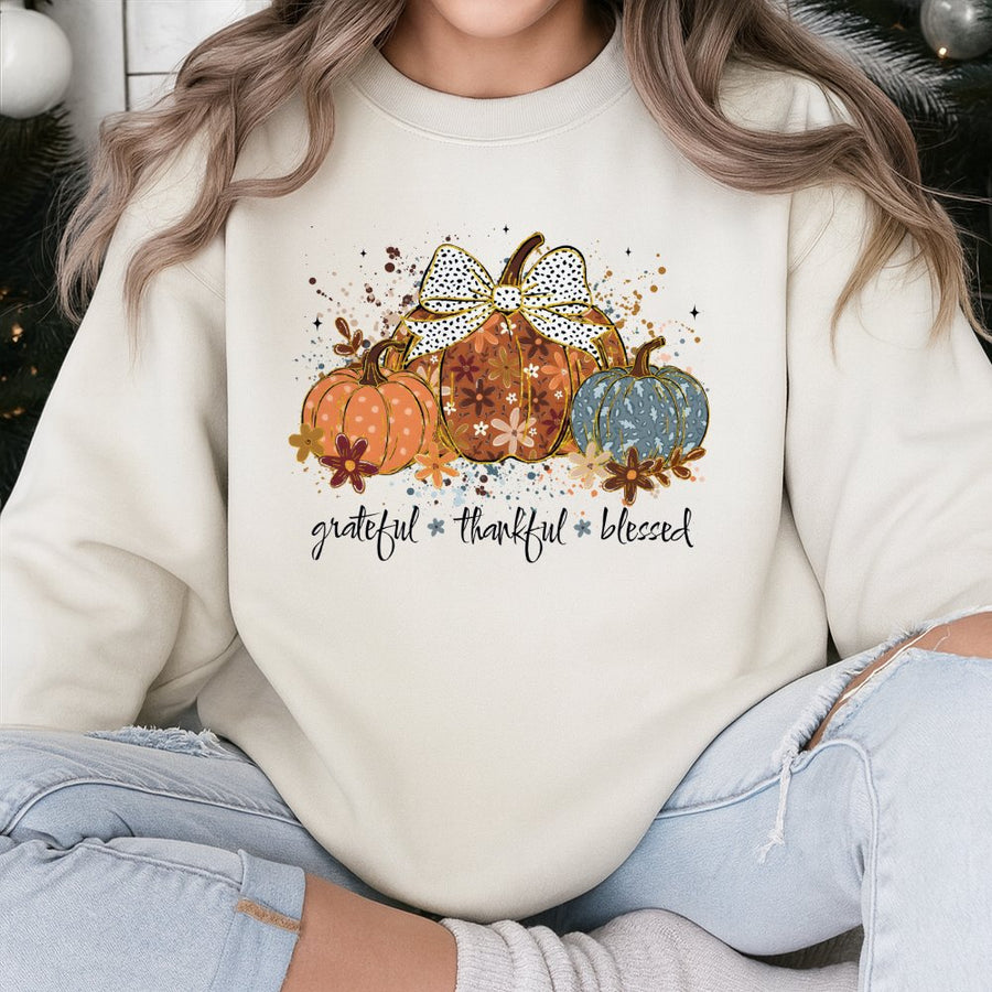 Grateful Thankful Blessed Pumpkin Sweatshirt | Fall Floral Pumpkin Graphic | Premium Cotton Blend | Cozy Thanksgiving Gift for Women
