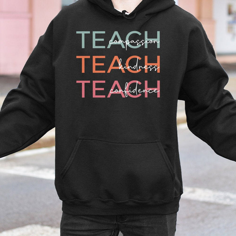Teach Compassion Kindness Confidence Hoodie | Retro Teacher Appreciation Quote | Premium Cotton Blend | Gift for Educators and Teachers