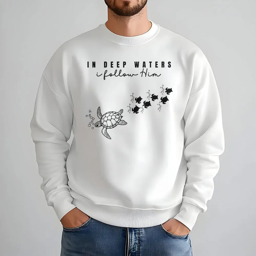 Coastal Christian Turtle Sweatshirt | 'In Deep Waters' Scripture Quote | Premium Cotton Blend | Faith Based Beach Gift for Women