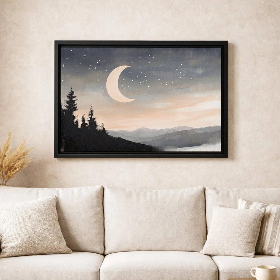 Crescent Moon Wall Art | Minimalist Mountain Forest Landscape | Premium Gallery Wrapped Canvas | Serene Nature Home Decor Gift