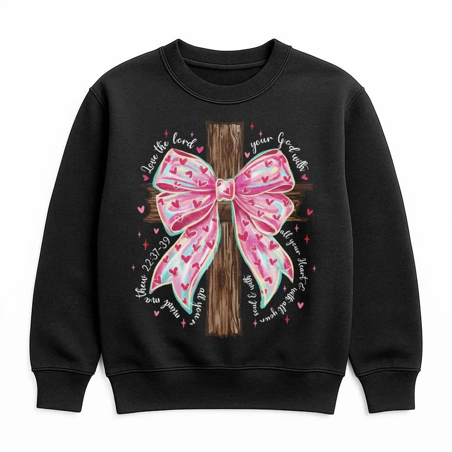 Christian Cross Sweatshirt | Pink Bow Bible Verse Graphic | Premium Cotton Blend | Faith Based Religious Gift for Women and Men
