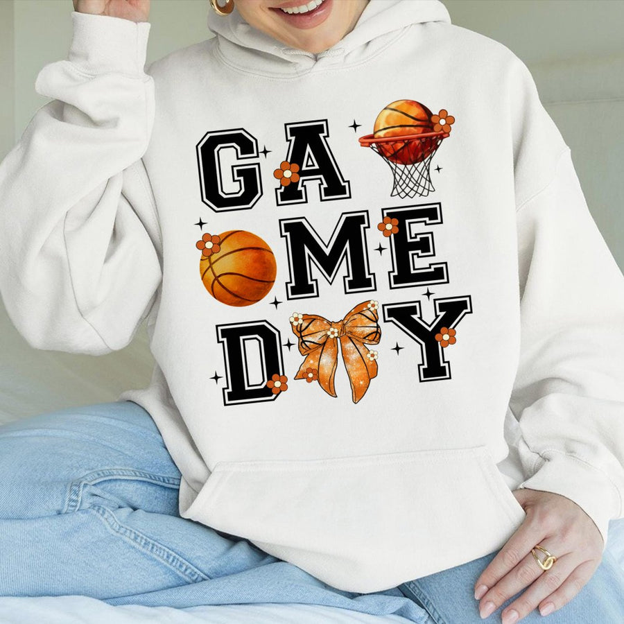 Game Day Basketball Hoodie | Retro Coquette Bow Graphic | Premium Cotton Blend | Gift for Basketball Mom & Sports Fans