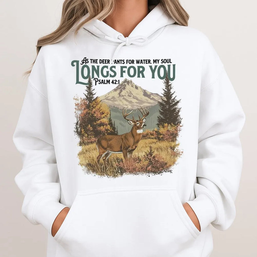Psalm 42:1 Deer Hoodie | As The Deer Pants For Water Scripture Graphic | Premium Cotton Blend | Christian Gift For Hunters Men Women