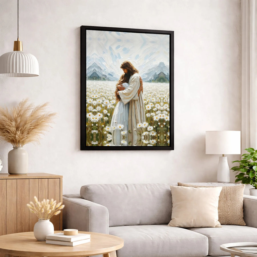 Jesus Hugging Woman Canvas Wall Art | Serene Field of Daisies Print | 1.25" Gallery Wrap Premium Decor | Christian Faith Home Gift