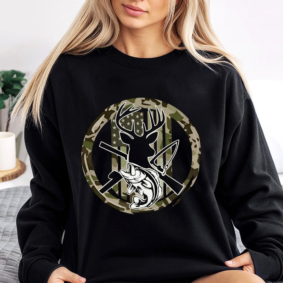 Outdoorsman Sweatshirt | Hunting Fishing Deer Graphic Camo USA Flag | Premium Cotton Blend | Gift for Hunter Fisherman Men Women