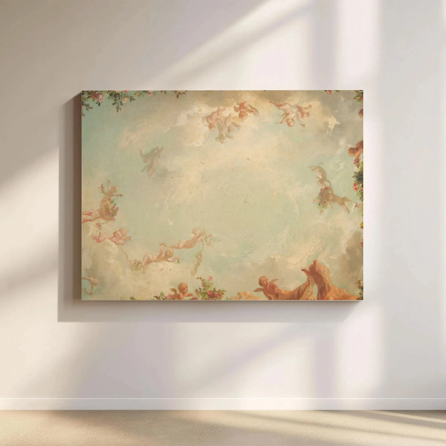 Vintage Angel Cherub Painting Canvas Wall Art | Romantic Heavenly Sky Painting | Premium Gallery Wrapped Print | Classic Home Decor Gift