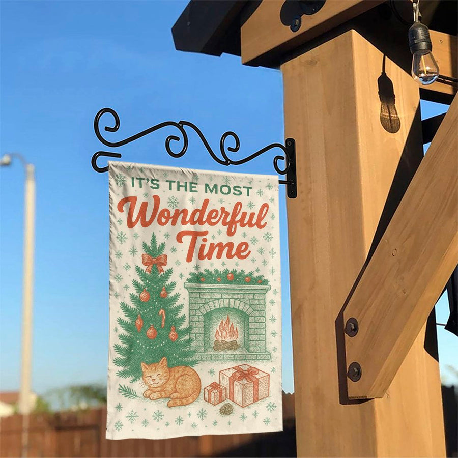 Christmas Garden Flag | Cat By Fireplace Holiday Decor | Premium Double-Sided Polyester | Festive Outdoor Yard Decoration Gift