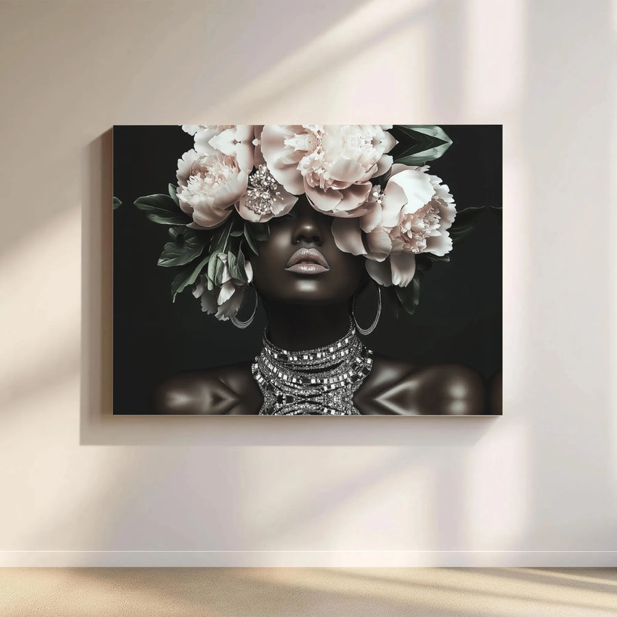 Black Woman Canvas Art | Peony Flower Headdress Portrait | Premium Gallery Wrap Wall Decor | Modern African American Aesthetic Gift