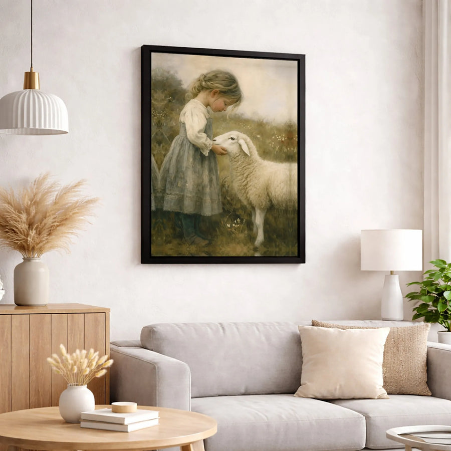 Girl With Lamb Oil Painting | Vintage Farmhouse Wall Art | Premium Gallery Wrapped Canvas | Cottagecore Decor Gift For Nursery