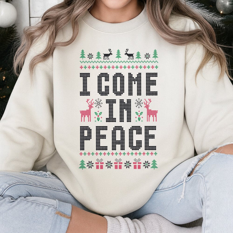 I Come In Peace Ugly Christmas Sweatshirt | Funny Alien Holiday Graphic Tee | Soft Cotton Blend Unisex Pullover | Festive Gift for Men and Women