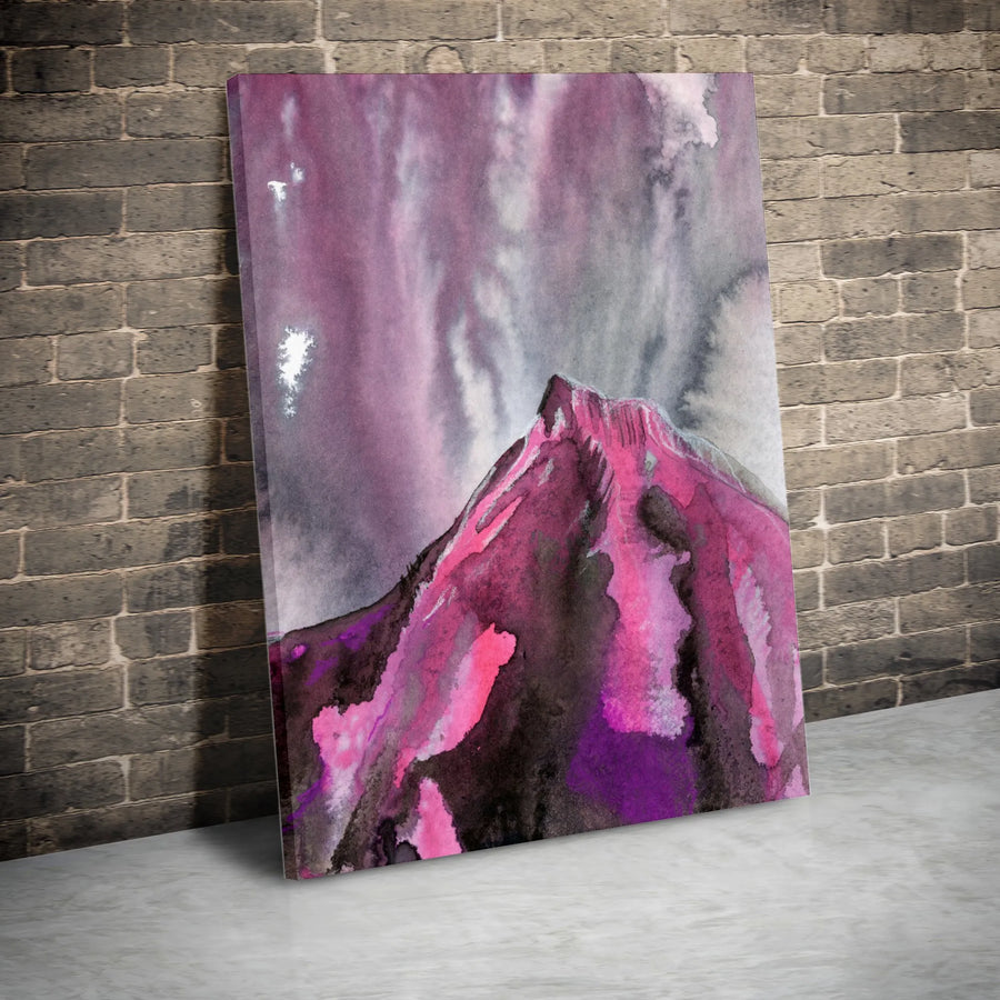Mt Hood Mountain Watercolor Vertical Canvas | Abstract Purple and Magenta Peak Landscape Art | Premium 1.25" Gallery Wrapped Print | Pacific Northwest Nature Lover Gift