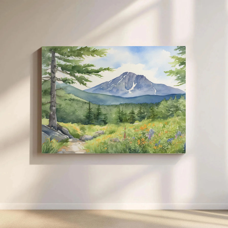 Mountain Landscape Canvas Print | Watercolor Wildflower Meadow Art | 1.25 Inch Gallery Wrap | Nature Home Decor Wall Art