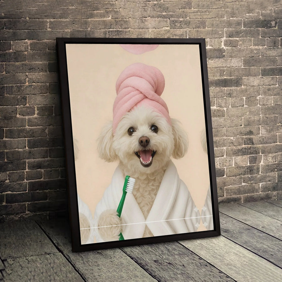 Dog In Bathrobe Canvas Wall Art | Funny Puppy With Toothbrush | Premium Fade-Resistant Print | Cute Bathroom Decor For Animal Lovers Gift