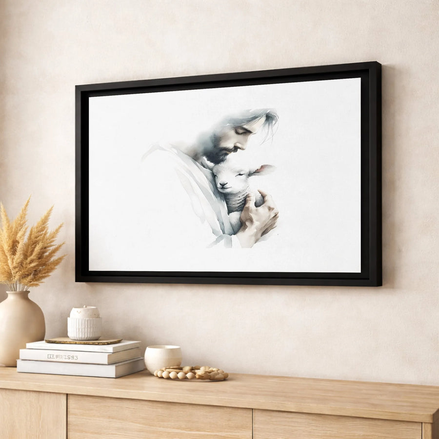 Jesus Holding A Lamb Wall Art | Soft Watercolor Religious Painting | Gallery-Wrapped Canvas Print | Christian Home Decor Gift
