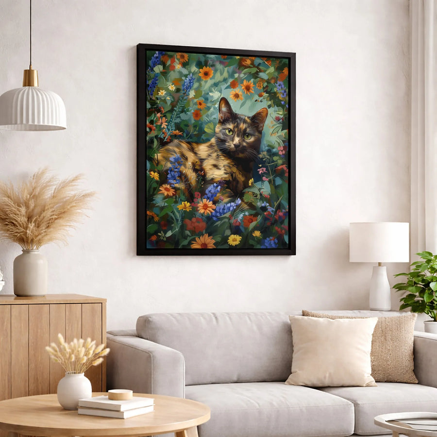 Tortoiseshell Cat Wall Art | Floral Meadow Painting Print | 1.25-Inch Gallery Wrapped Canvas | Premium Gift for Cat Lovers
