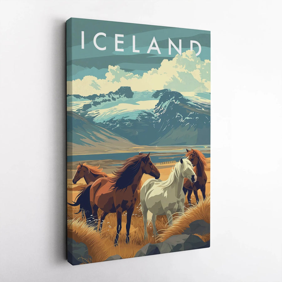 Iceland Travel Poster Canvas | Vintage Icelandic Horses Landscape Wall Art | Gallery Wrapped Premium Decor | Gift for Travel Enthusiasts