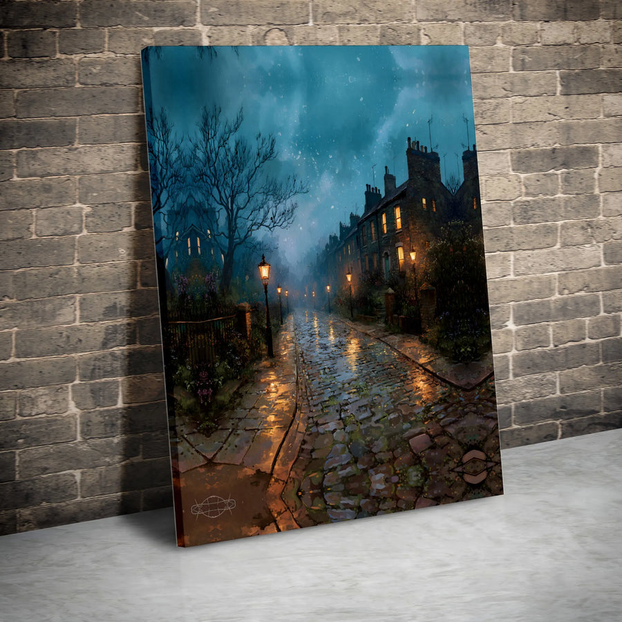 Victorian Rainy Night Canvas Print | Moody Gaslamp Cobblestone Street Scene | Premium Gallery Wrapped Art | Dark Academia Aesthetic Home Decor Gift