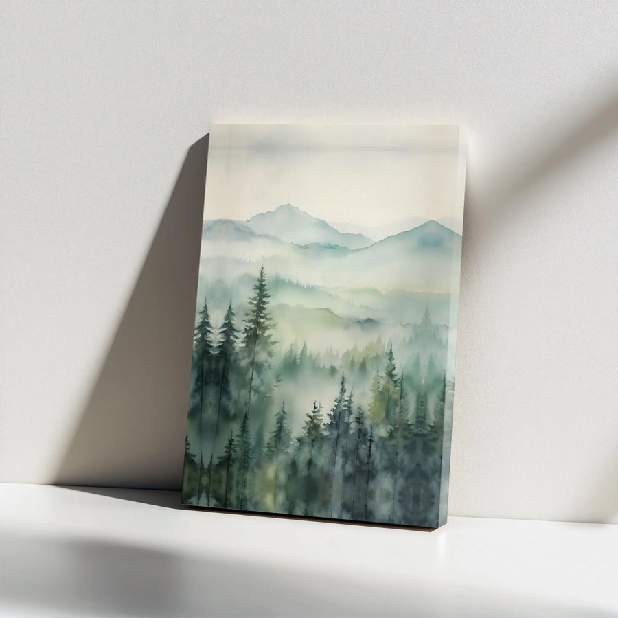Misty Mountain Forest Canvas Wall Art | Watercolor Pine Tree Landscape | Premium Gallery Canvas Print | Modern Rustic Home Decor Gift