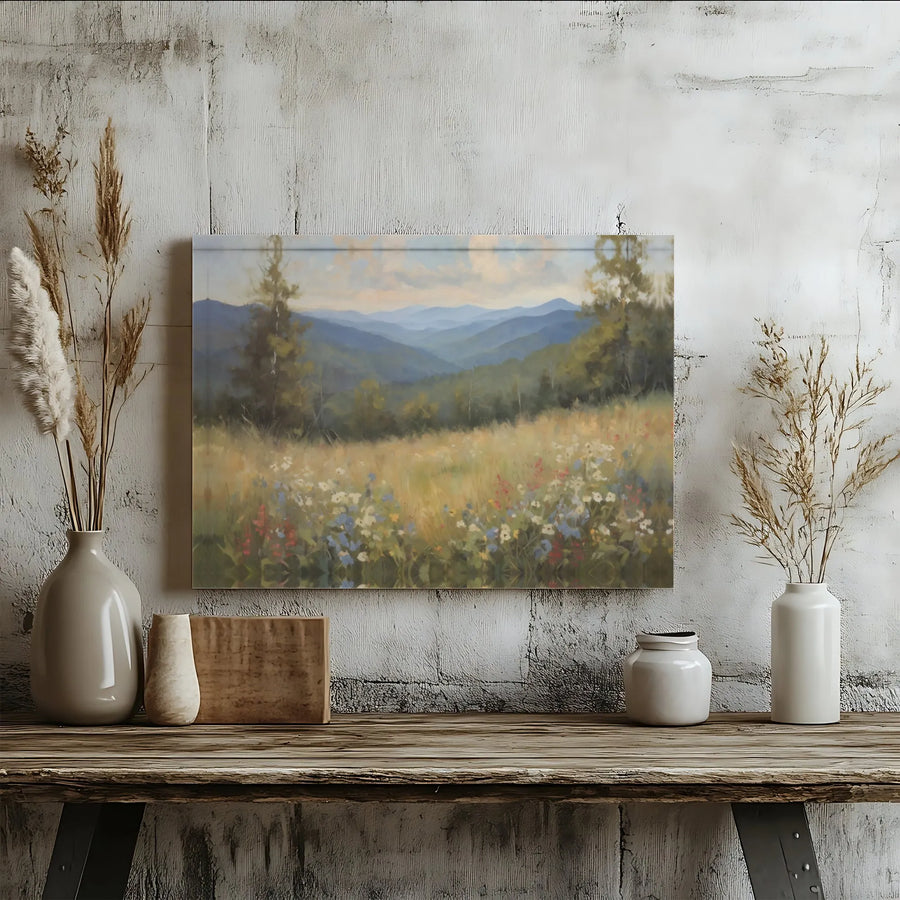 Mountain Wildflower Meadow Canvas | Vintage Landscape Painting Print | Premium Gallery Wrapped Canvas | Rustic Home Decor Gift