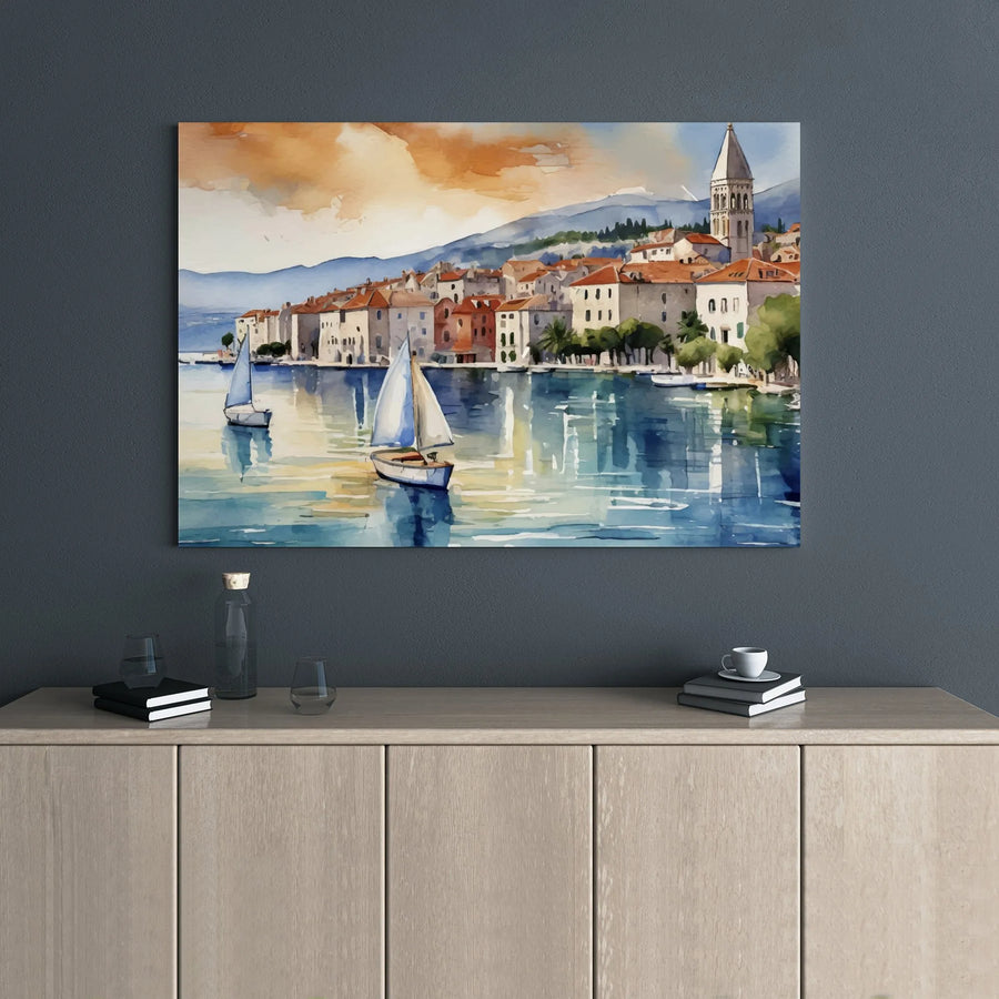 Mediterranean Coastal Town Canvas Print | Watercolor Sailboat Harbor Art | 1.25 Inch Gallery Wrap | Premium Nautical Wall Decor for Home