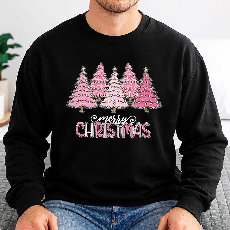 Pink Leopard Christmas Tree Sweatshirt | Merry Christmas Graphic Pullover | Soft Cotton Blend | Festive Holiday Gift for Women