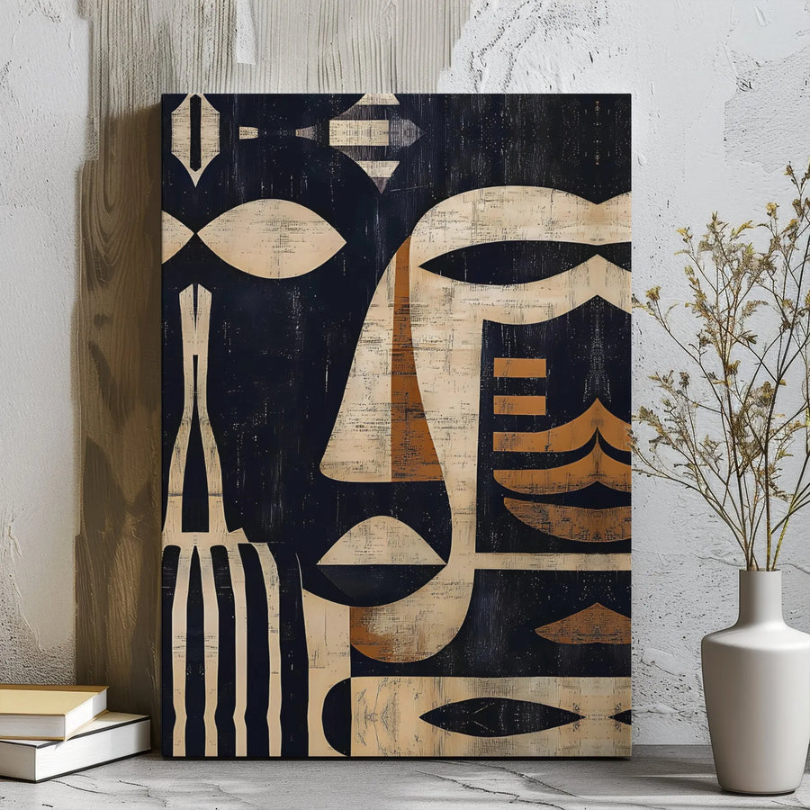 Abstract Tribal Mask Canvas Art | Geometric African Wall Decor | Premium 1.25 Inch Gallery Wrap | Modern Cultural Statement Piece for Home Office
