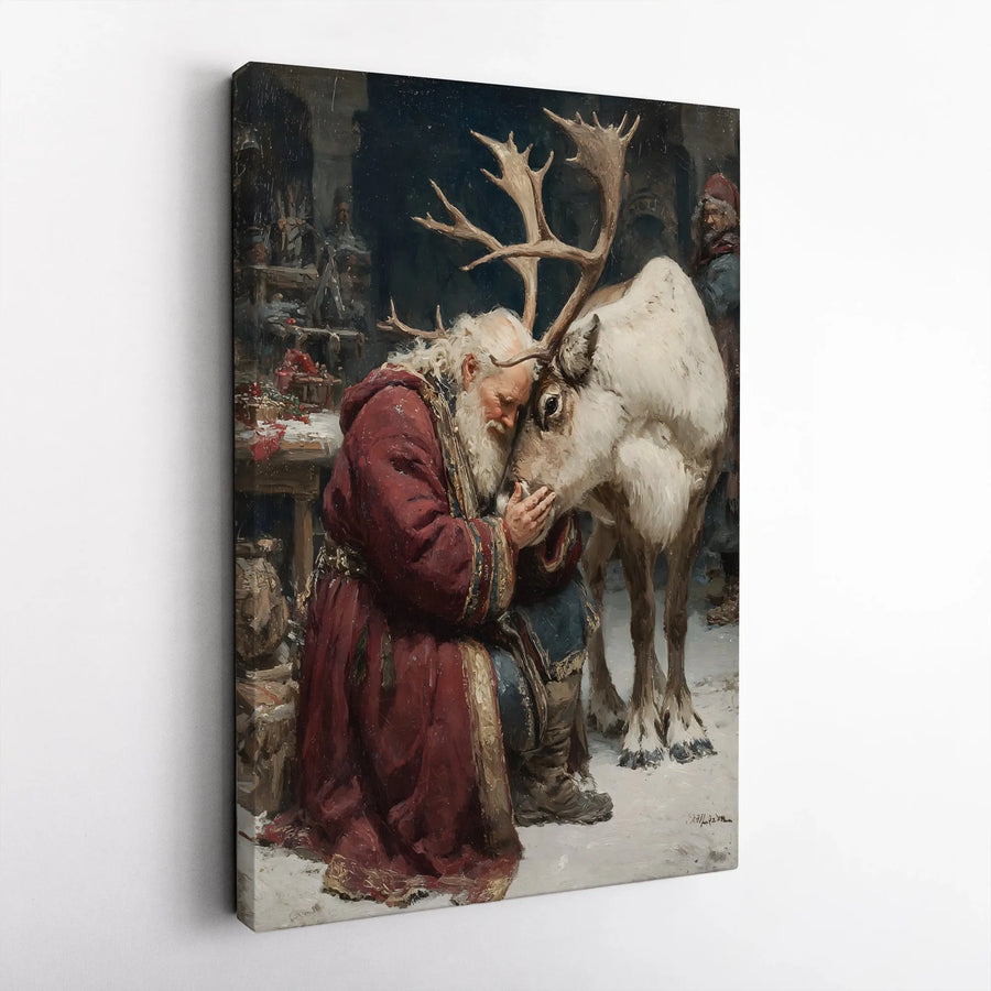 Santa Claus and Reindeer Canvas Wall Art | Nostalgic Christmas Oil Painting Style | Premium Gallery Wrap 1.25" Profile | Festive Holiday Home Decor Gift