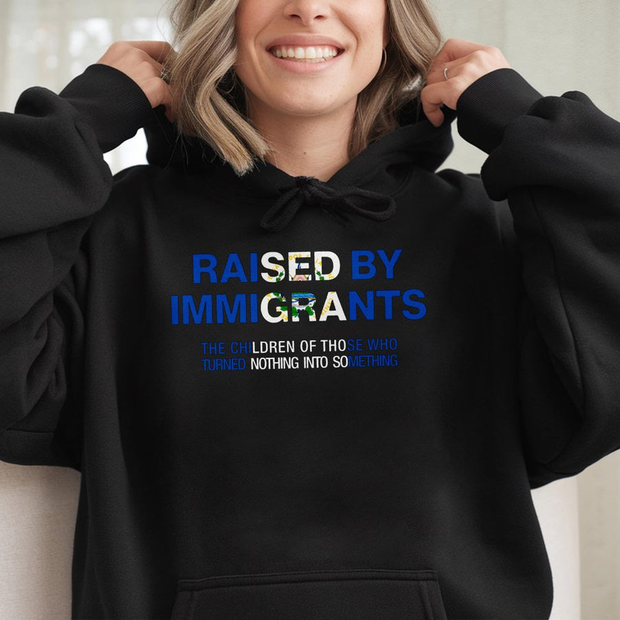 Raised By Immigrants Hoodie | El Salvador Flag Graphic Design | Premium Cotton Blend | Meaningful Heritage Gift for Salvadoran Americans