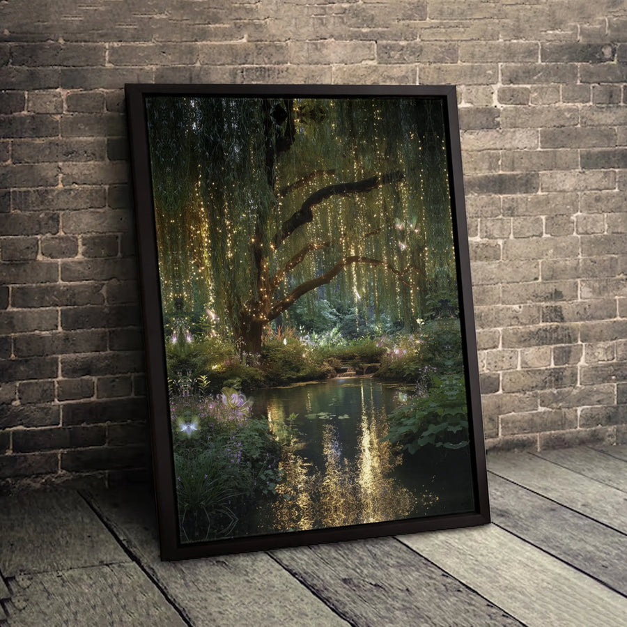 Enchanted Willow Tree Wall Art | Magical Fairy Forest Pond Canvas Print | Premium Fade-Resistant Gallery Wrap | Whimsical Home Decor Gift