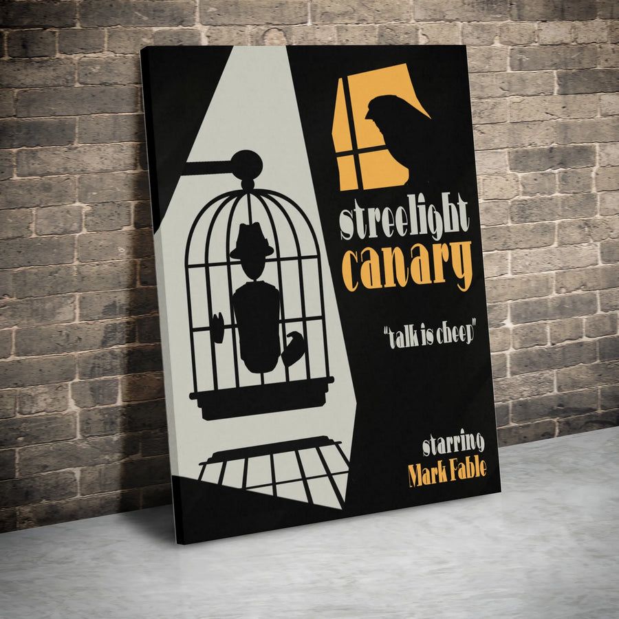 Streetlight Canary Retro Film Noir Vertical Canvas | Vintage Detective Movie Poster Art | Premium 1.25" Gallery Wrap | Cool Office Wall Decor & Cinephile Gift