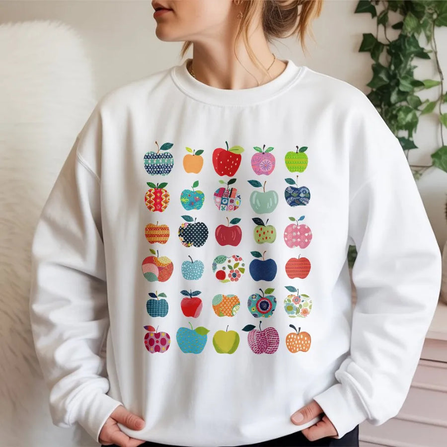 Teacher Apple Sweatshirt | Colorful Retro Apple Pattern | Soft Cotton Tee | Back to School Teacher Appreciation Gift