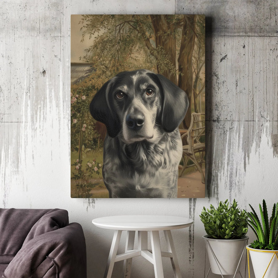 Bluetick Coonhound Canvas Art | Vintage Style Dog Garden Portrait | Premium Gallery Wrap Wall Decor | Hunting Dog Lover Gift