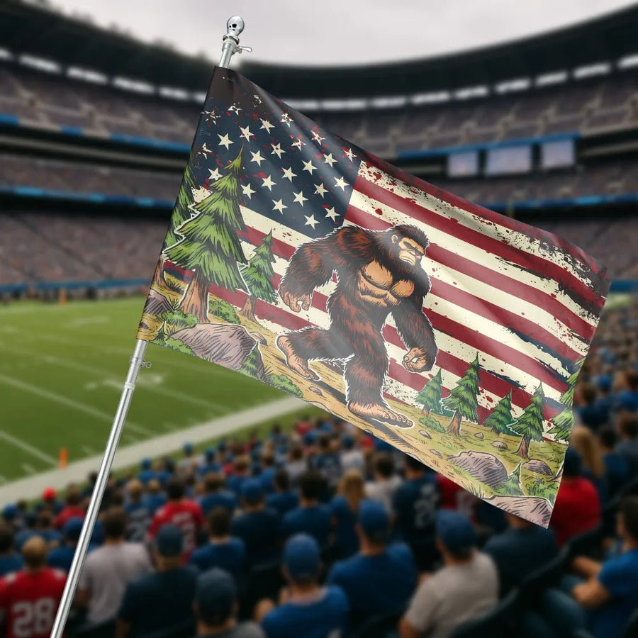 Bigfoot American Flag House Flag | Vintage Patriotic Bigfoot Forest Scene | Double-Sided Polyester | Outdoor Decor Gift for Sasquatch Fans