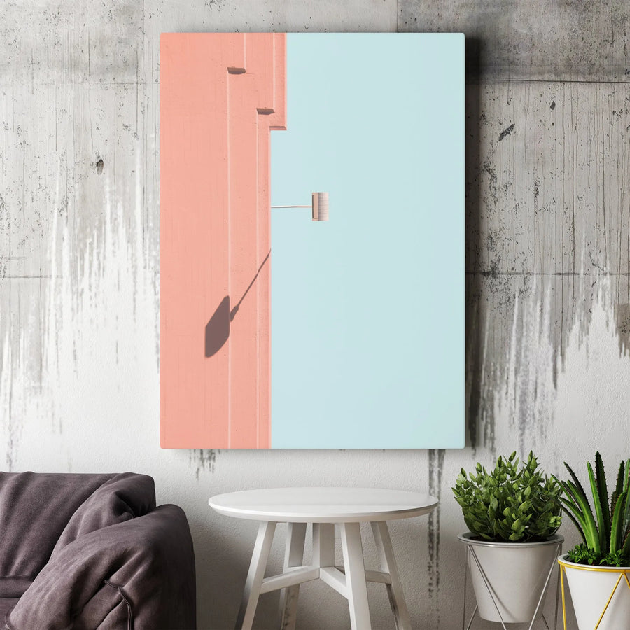 Minimalist Architecture Vertical Canvas | Pastel Pink and Blue Geometric Art | Premium Gallery Wrap Canvas | Modern Home Decor Gift