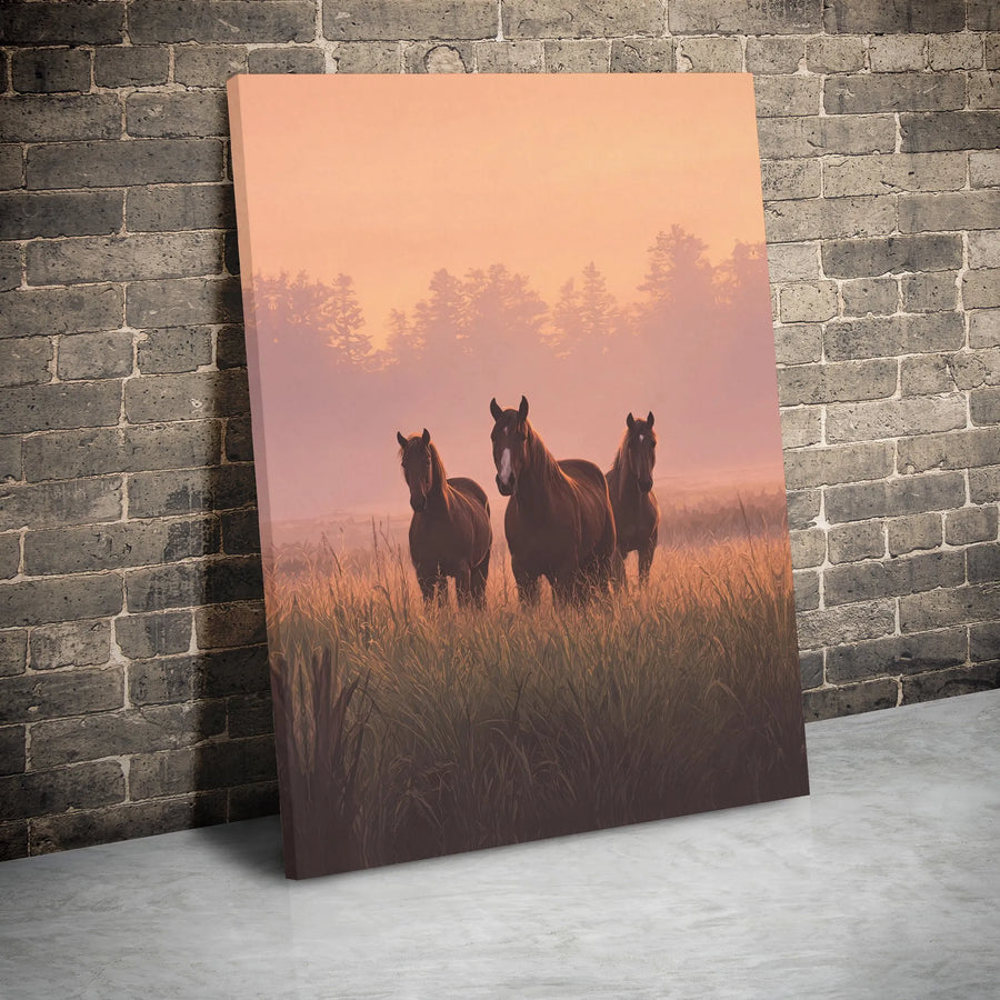 Three Horses Canvas Wall Art | Misty Sunrise Farmhouse Decor | Premium Gallery Wrap Print | Nature Equestrian Gift for Home Office