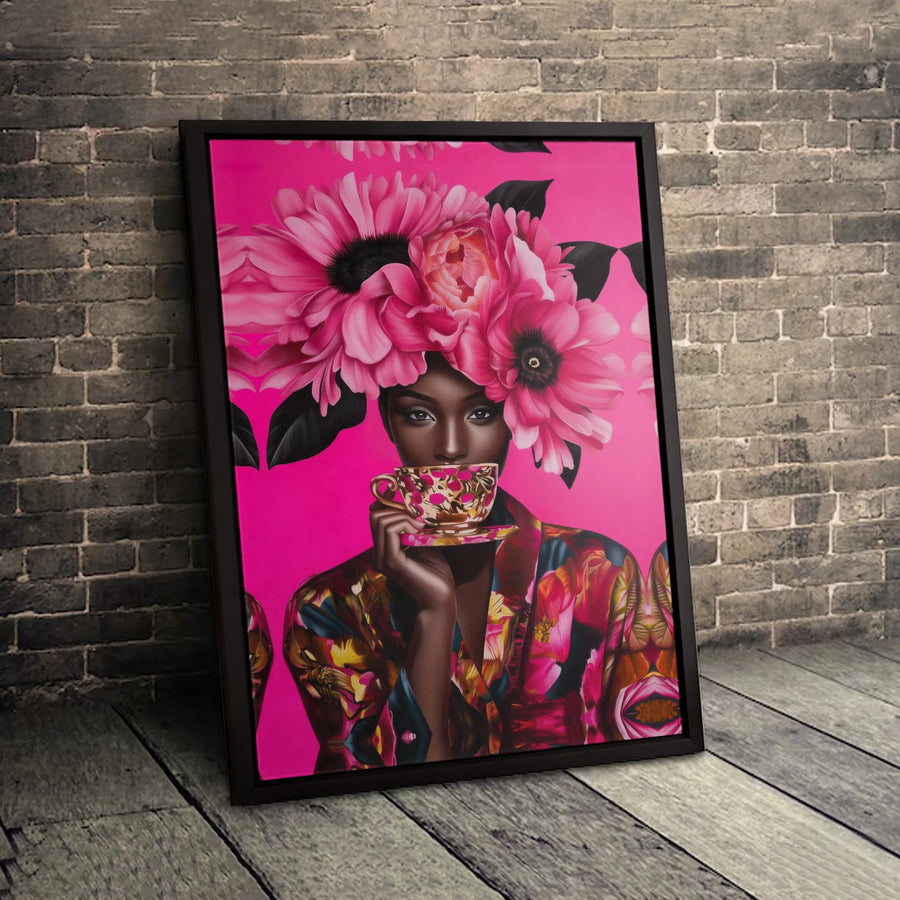Black Woman Canvas Art | Floral Headdress Portrait | Premium Gallery Wrapped Wall Decor | Vibrant Pink Botanical Aesthetic Gift for Her
