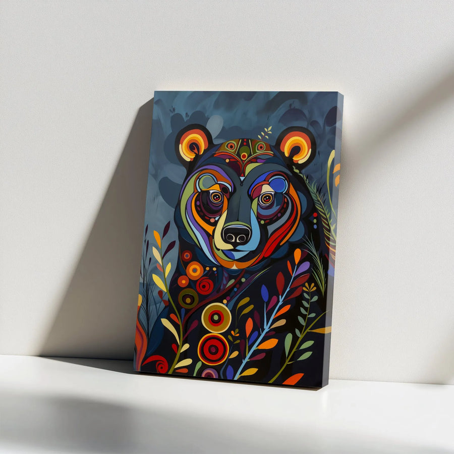 Abstract Bear Wall Art Canvas | Colorful Folk Art Animal Portrait | Premium Gallery Wrap Decor | Wildlife Home Office Gift