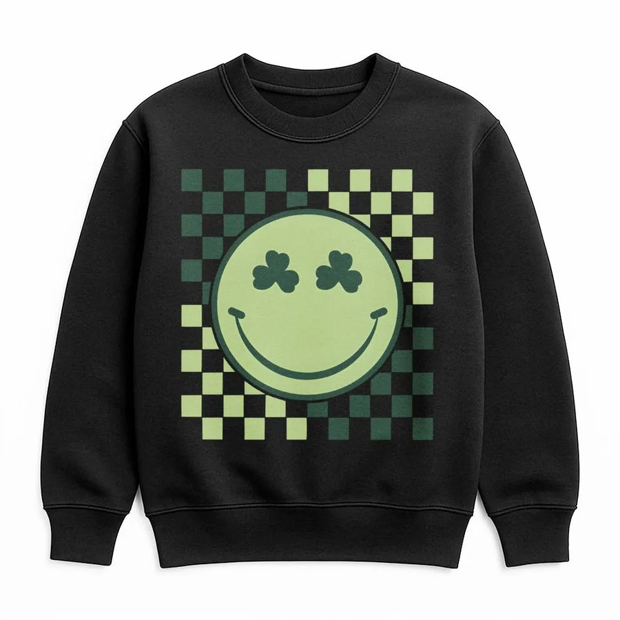 St. Patrick's Day Smiley Face Sweatshirt | Retro Checkered Clover Graphic | Premium Soft Cotton Blend | Cute Irish Holiday Gift for Women