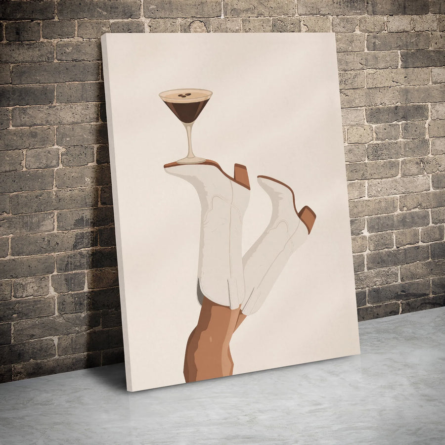 Espresso Martini Wall Art | White Cowboy Boots Illustration | Premium Gallery Wrap Canvas | Chic Bar Cart Kitchen Decor