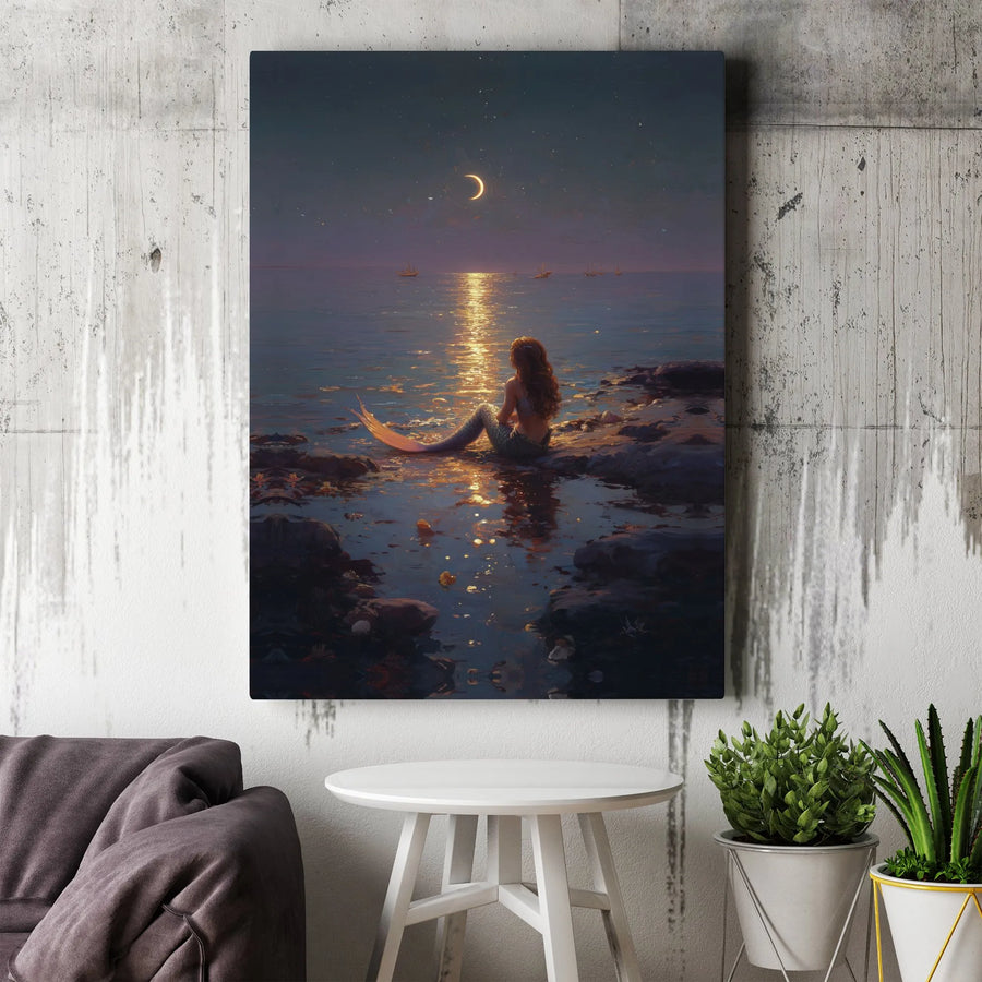 Moonlit Mermaid Canvas Wall Art | Fantasy Ocean Scene with Crescent Moon | Premium Gallery Print | Collector's Gift for Fantasy Lover