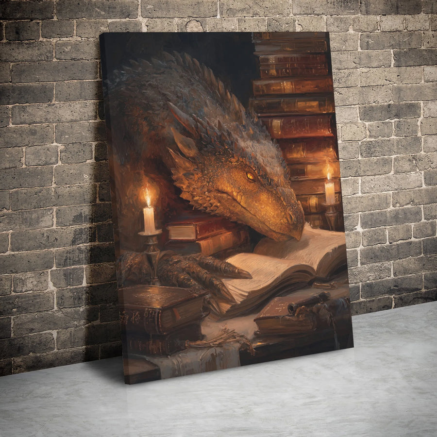 Dragon Reading Book Canvas Print | Candlelit Library Fantasy Wall Art | 1.25 Inch Gallery Wrap | Unique Gift for Bookworm and Fantasy Lover