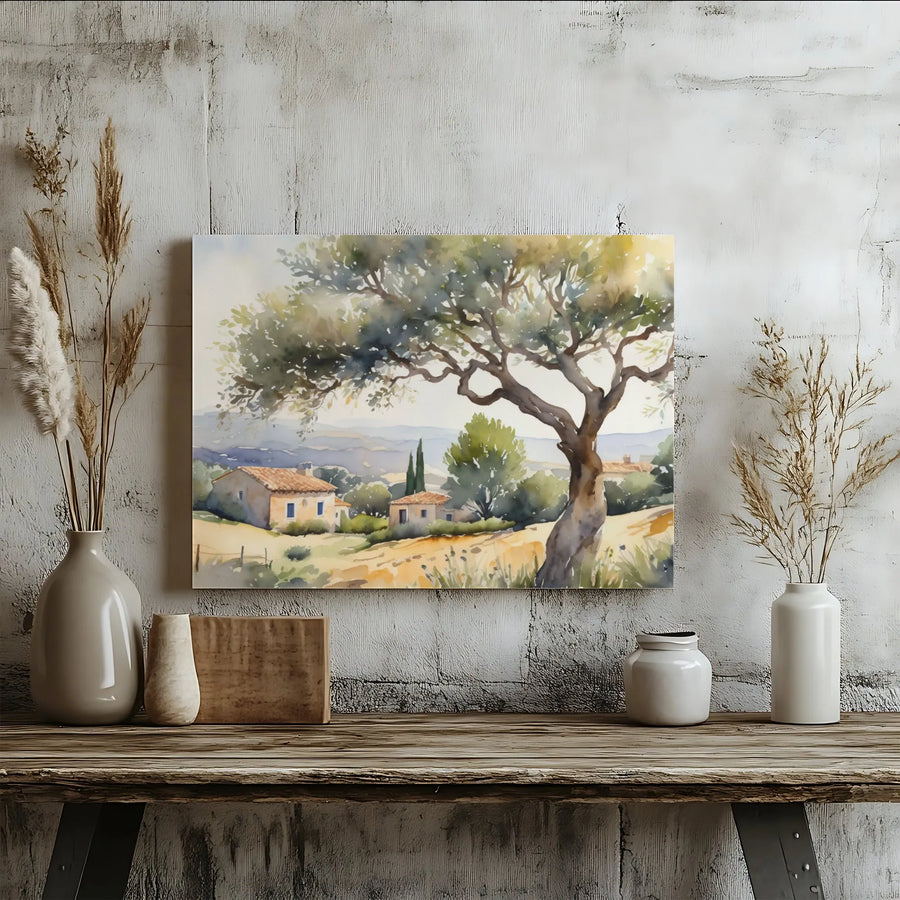 Tuscan Landscape Canvas Print | Watercolor Olive Tree Painting | Premium Gallery Wrapped Wall Art | Farmhouse Living Room Decor